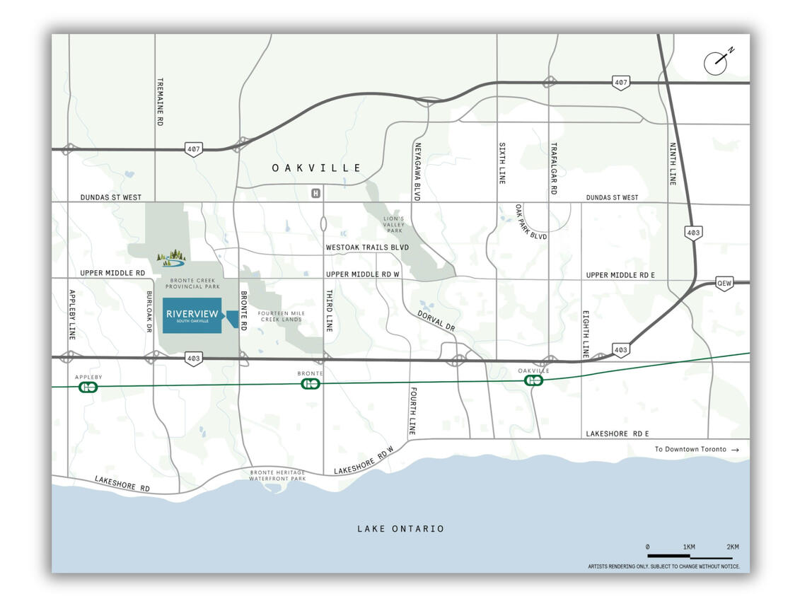 Riverview South Oakville Location Map Map showing Riverview South Oakville near Bronte Road, Upper Middle Road West, Bronte GO Station, and major highways